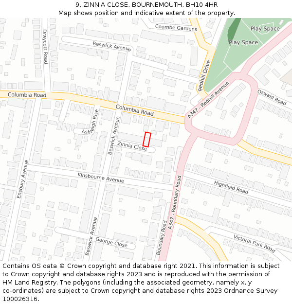 9, ZINNIA CLOSE, BOURNEMOUTH, BH10 4HR: Location map and indicative extent of plot