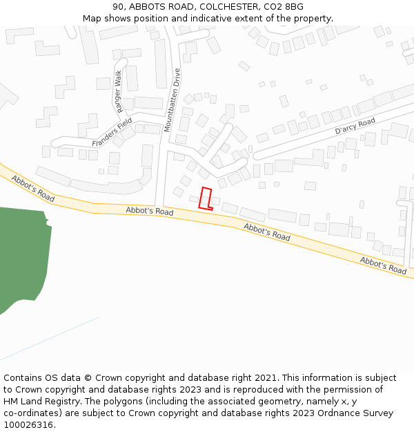 90, ABBOTS ROAD, COLCHESTER, CO2 8BG: Location map and indicative extent of plot