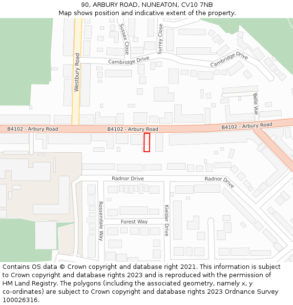 90, ARBURY ROAD, NUNEATON, CV10 7NB: Location map and indicative extent of plot