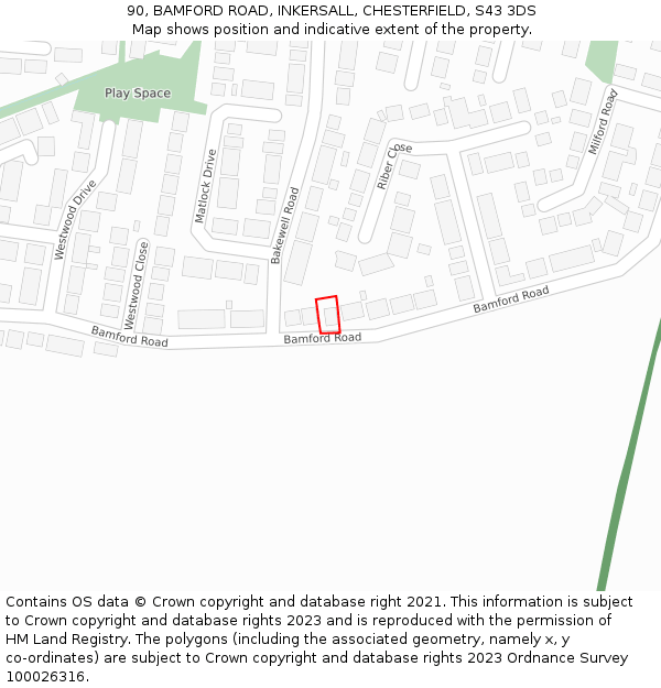 90, BAMFORD ROAD, INKERSALL, CHESTERFIELD, S43 3DS: Location map and indicative extent of plot
