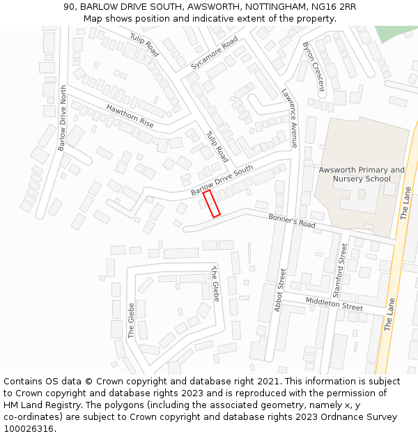 90, BARLOW DRIVE SOUTH, AWSWORTH, NOTTINGHAM, NG16 2RR: Location map and indicative extent of plot