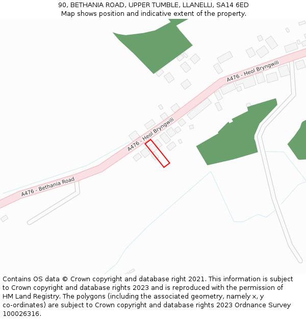 90, BETHANIA ROAD, UPPER TUMBLE, LLANELLI, SA14 6ED: Location map and indicative extent of plot