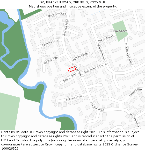 90, BRACKEN ROAD, DRIFFIELD, YO25 6UP: Location map and indicative extent of plot