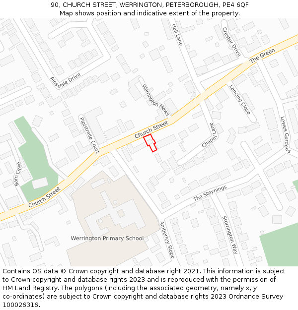 90, CHURCH STREET, WERRINGTON, PETERBOROUGH, PE4 6QF: Location map and indicative extent of plot