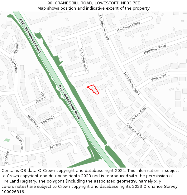90, CRANESBILL ROAD, LOWESTOFT, NR33 7EE: Location map and indicative extent of plot