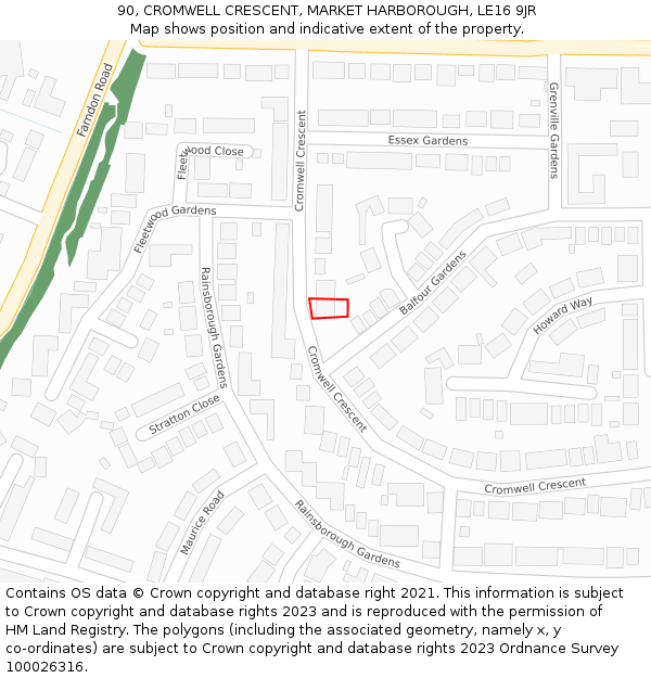 90, CROMWELL CRESCENT, MARKET HARBOROUGH, LE16 9JR: Location map and indicative extent of plot
