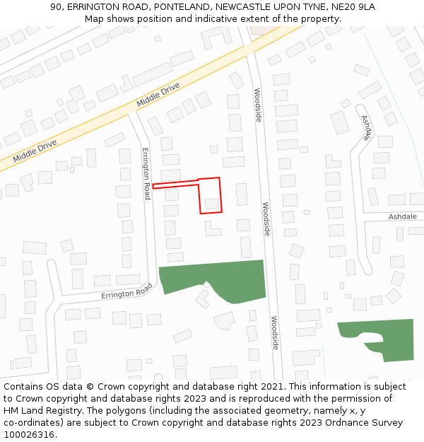 90, ERRINGTON ROAD, PONTELAND, NEWCASTLE UPON TYNE, NE20 9LA: Location map and indicative extent of plot
