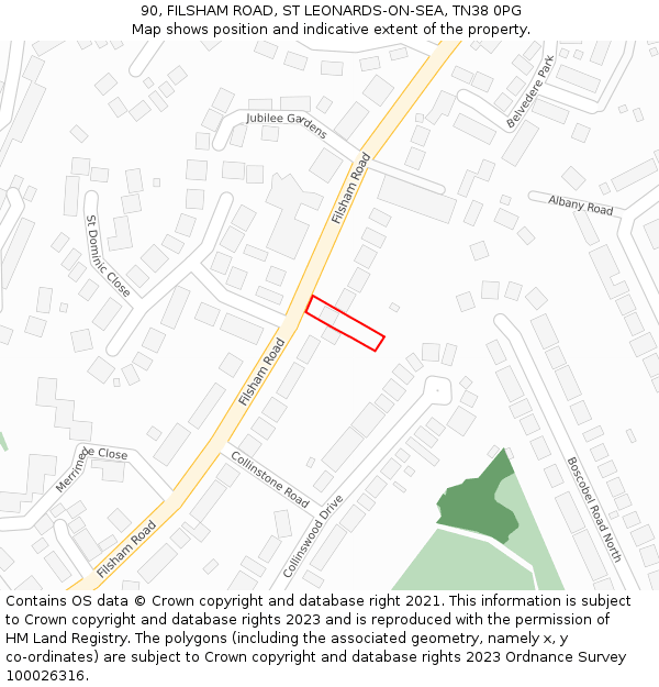 90, FILSHAM ROAD, ST LEONARDS-ON-SEA, TN38 0PG: Location map and indicative extent of plot