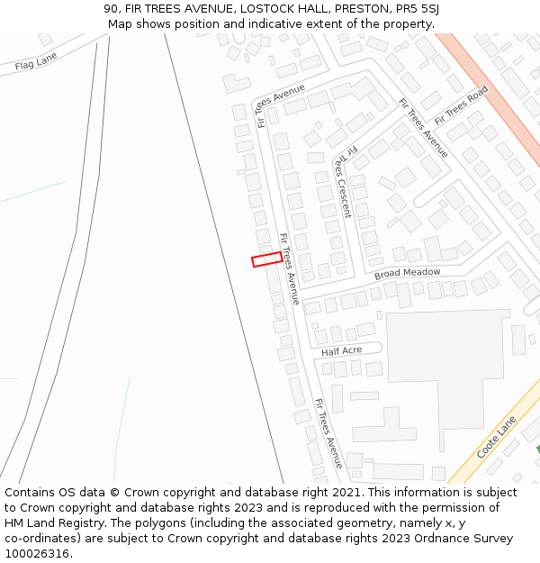 90, FIR TREES AVENUE, LOSTOCK HALL, PRESTON, PR5 5SJ: Location map and indicative extent of plot