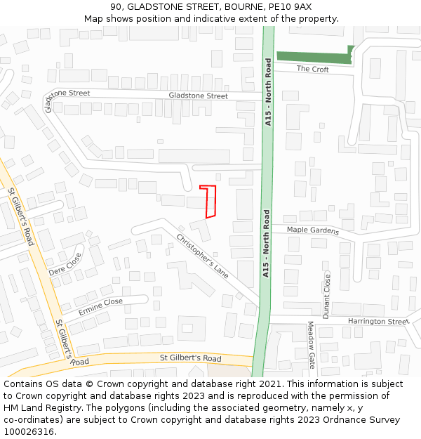 90, GLADSTONE STREET, BOURNE, PE10 9AX: Location map and indicative extent of plot