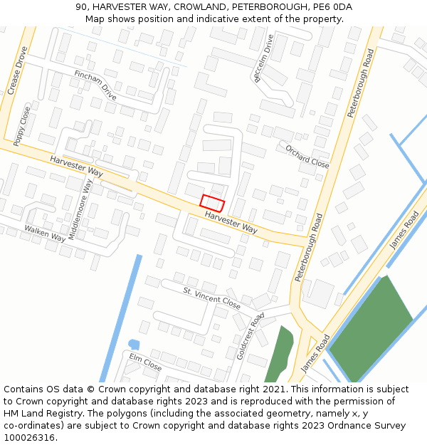 90, HARVESTER WAY, CROWLAND, PETERBOROUGH, PE6 0DA: Location map and indicative extent of plot