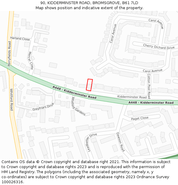 90, KIDDERMINSTER ROAD, BROMSGROVE, B61 7LD: Location map and indicative extent of plot