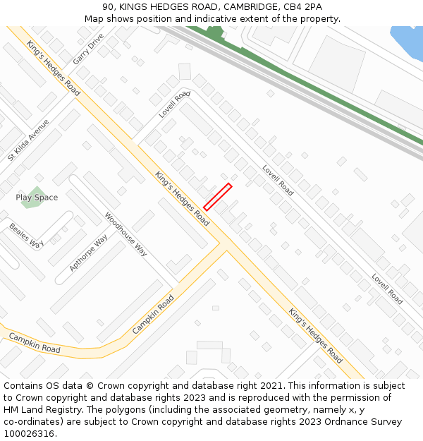 90, KINGS HEDGES ROAD, CAMBRIDGE, CB4 2PA: Location map and indicative extent of plot