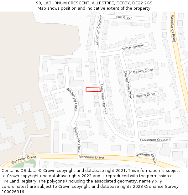 90, LABURNUM CRESCENT, ALLESTREE, DERBY, DE22 2GS: Location map and indicative extent of plot
