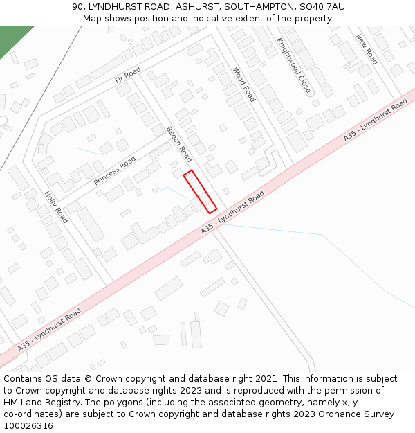 90, LYNDHURST ROAD, ASHURST, SOUTHAMPTON, SO40 7AU: Location map and indicative extent of plot