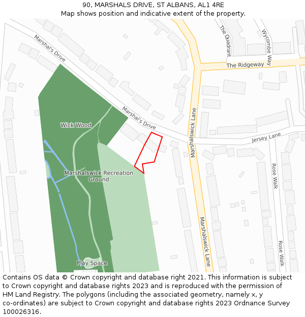 90, MARSHALS DRIVE, ST ALBANS, AL1 4RE: Location map and indicative extent of plot