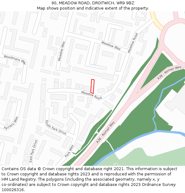 90, MEADOW ROAD, DROITWICH, WR9 9BZ: Location map and indicative extent of plot