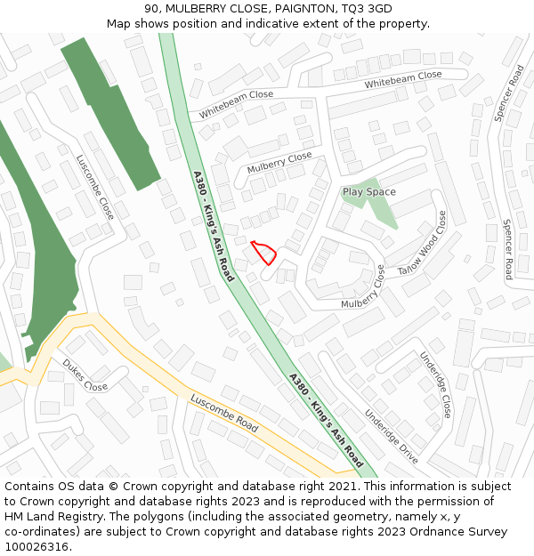 90, MULBERRY CLOSE, PAIGNTON, TQ3 3GD: Location map and indicative extent of plot