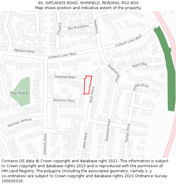 90, OATLANDS ROAD, SHINFIELD, READING, RG2 9DN: Location map and indicative extent of plot