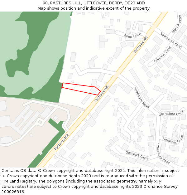 90, PASTURES HILL, LITTLEOVER, DERBY, DE23 4BD: Location map and indicative extent of plot