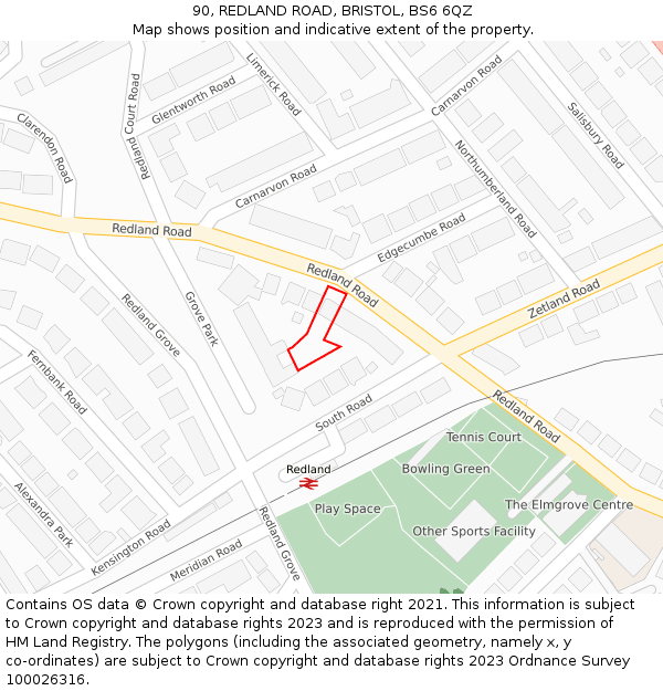 90, REDLAND ROAD, BRISTOL, BS6 6QZ: Location map and indicative extent of plot