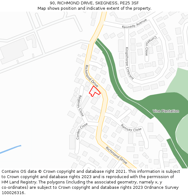 90, RICHMOND DRIVE, SKEGNESS, PE25 3SF: Location map and indicative extent of plot