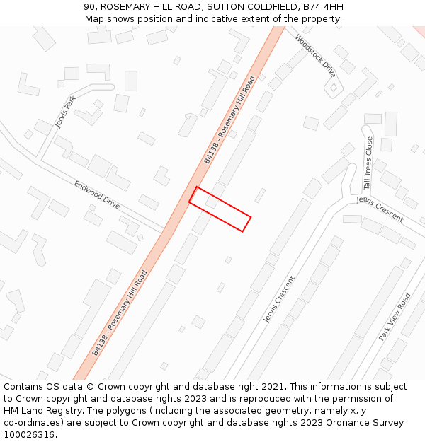 90, ROSEMARY HILL ROAD, SUTTON COLDFIELD, B74 4HH: Location map and indicative extent of plot