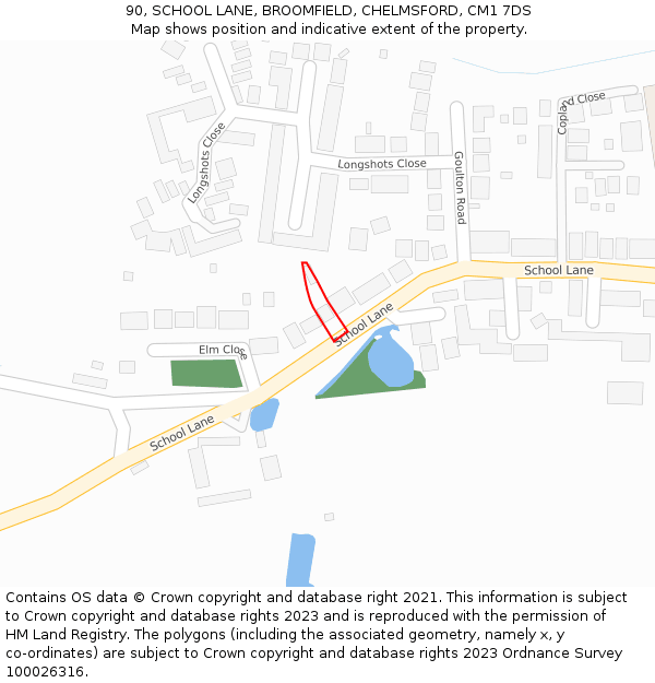 90, SCHOOL LANE, BROOMFIELD, CHELMSFORD, CM1 7DS: Location map and indicative extent of plot
