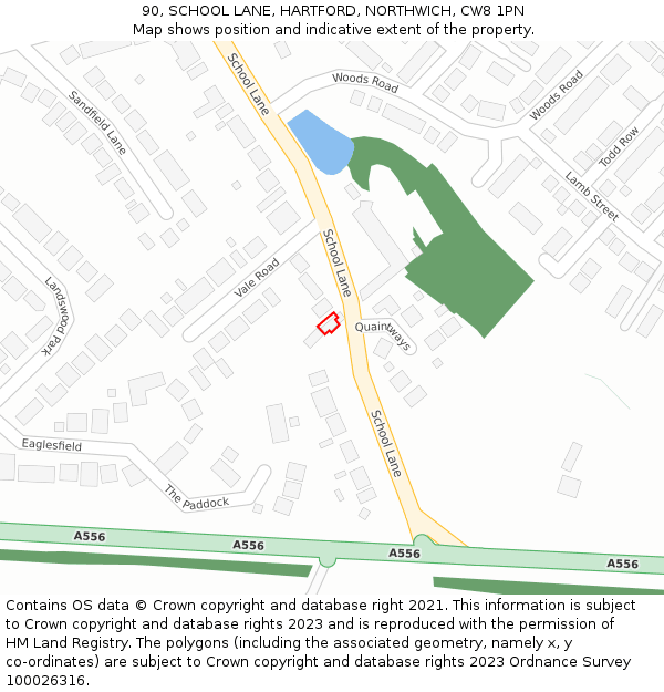 90, SCHOOL LANE, HARTFORD, NORTHWICH, CW8 1PN: Location map and indicative extent of plot