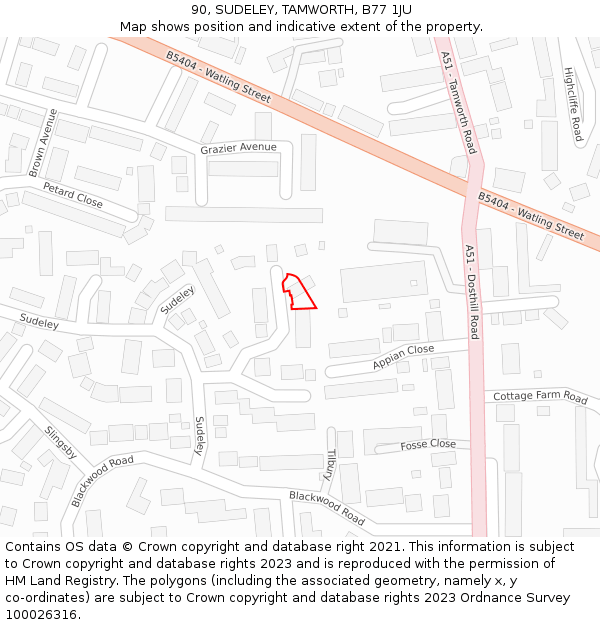 90, SUDELEY, TAMWORTH, B77 1JU: Location map and indicative extent of plot