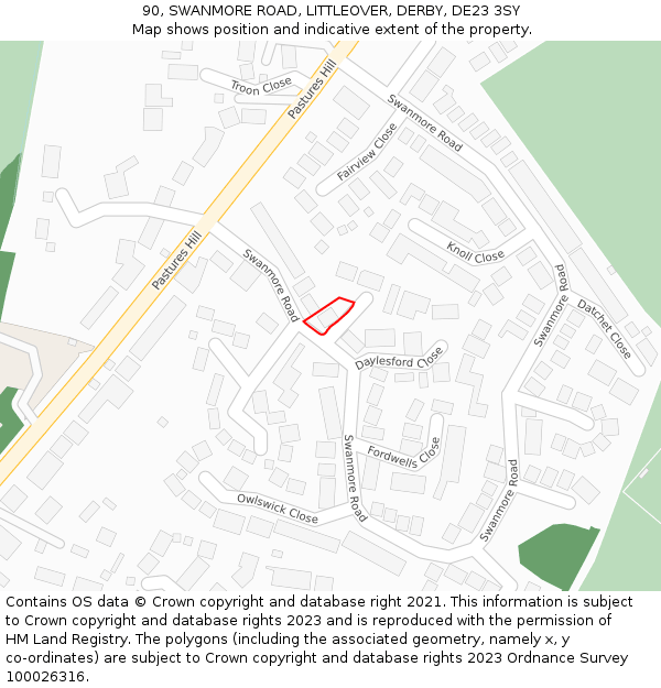 90, SWANMORE ROAD, LITTLEOVER, DERBY, DE23 3SY: Location map and indicative extent of plot