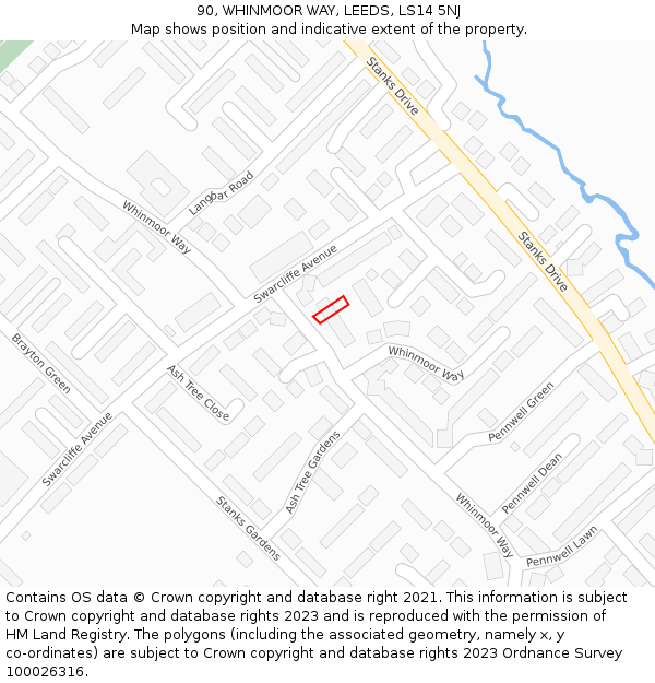 90, WHINMOOR WAY, LEEDS, LS14 5NJ: Location map and indicative extent of plot