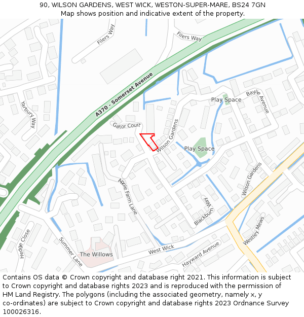 90, WILSON GARDENS, WEST WICK, WESTON-SUPER-MARE, BS24 7GN: Location map and indicative extent of plot