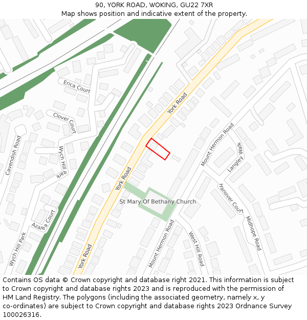 90, YORK ROAD, WOKING, GU22 7XR: Location map and indicative extent of plot