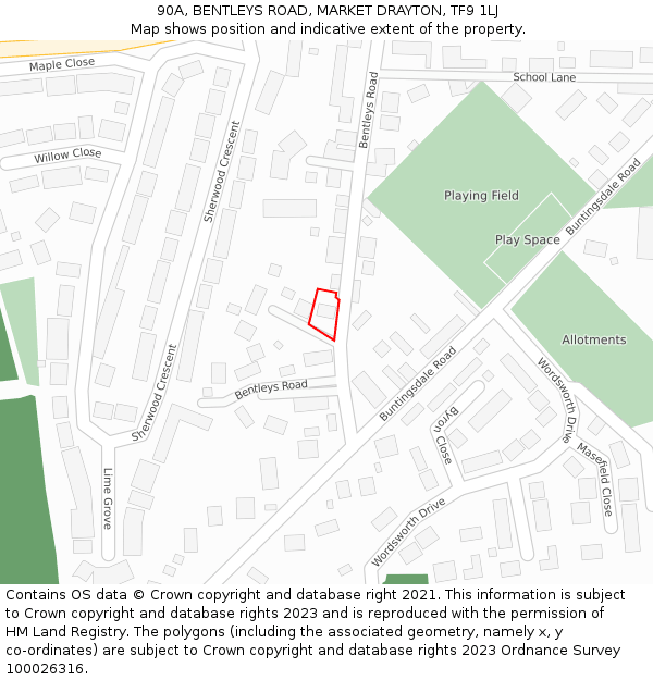 90A, BENTLEYS ROAD, MARKET DRAYTON, TF9 1LJ: Location map and indicative extent of plot