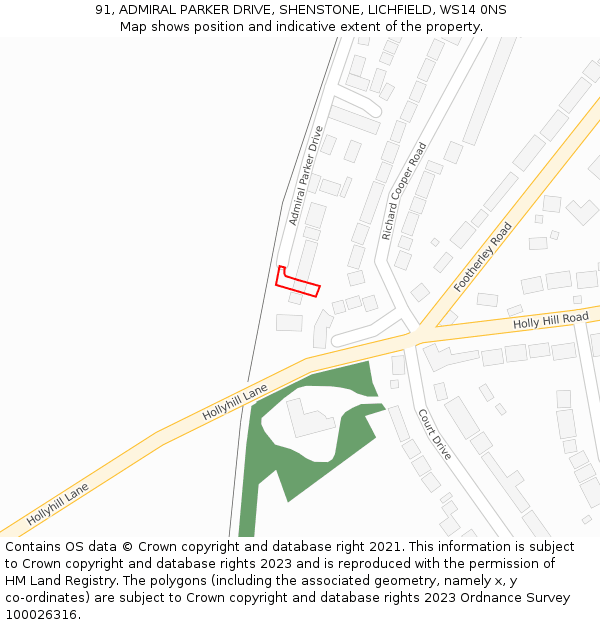 91, ADMIRAL PARKER DRIVE, SHENSTONE, LICHFIELD, WS14 0NS: Location map and indicative extent of plot