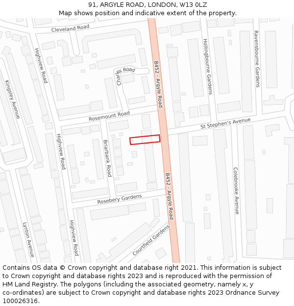 91, ARGYLE ROAD, LONDON, W13 0LZ: Location map and indicative extent of plot