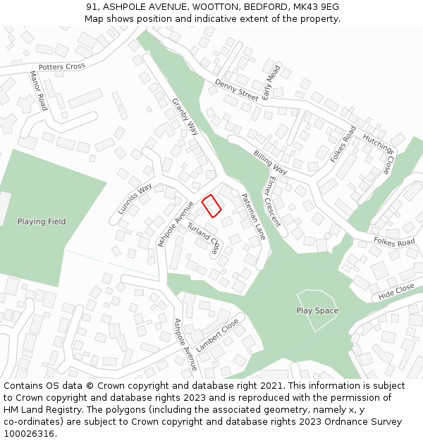 91, ASHPOLE AVENUE, WOOTTON, BEDFORD, MK43 9EG: Location map and indicative extent of plot