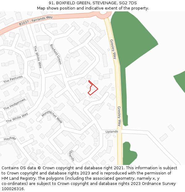 91, BOXFIELD GREEN, STEVENAGE, SG2 7DS: Location map and indicative extent of plot