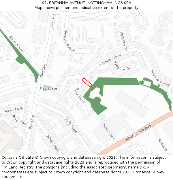 91, BRITANNIA AVENUE, NOTTINGHAM, NG6 0EA: Location map and indicative extent of plot