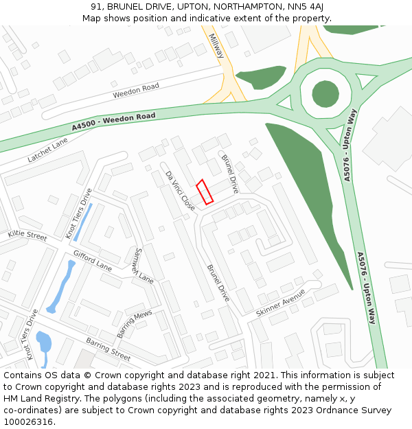 91, BRUNEL DRIVE, UPTON, NORTHAMPTON, NN5 4AJ: Location map and indicative extent of plot