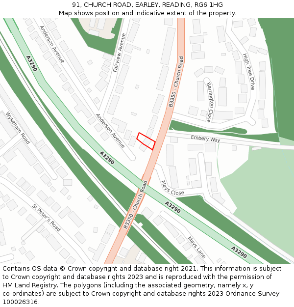 91, CHURCH ROAD, EARLEY, READING, RG6 1HG: Location map and indicative extent of plot