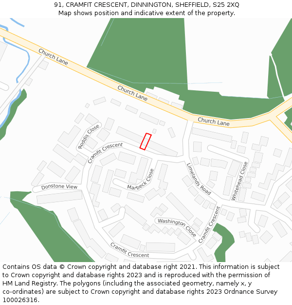 91, CRAMFIT CRESCENT, DINNINGTON, SHEFFIELD, S25 2XQ: Location map and indicative extent of plot