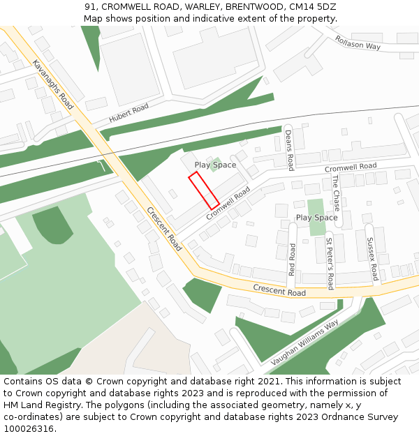 91, CROMWELL ROAD, WARLEY, BRENTWOOD, CM14 5DZ: Location map and indicative extent of plot