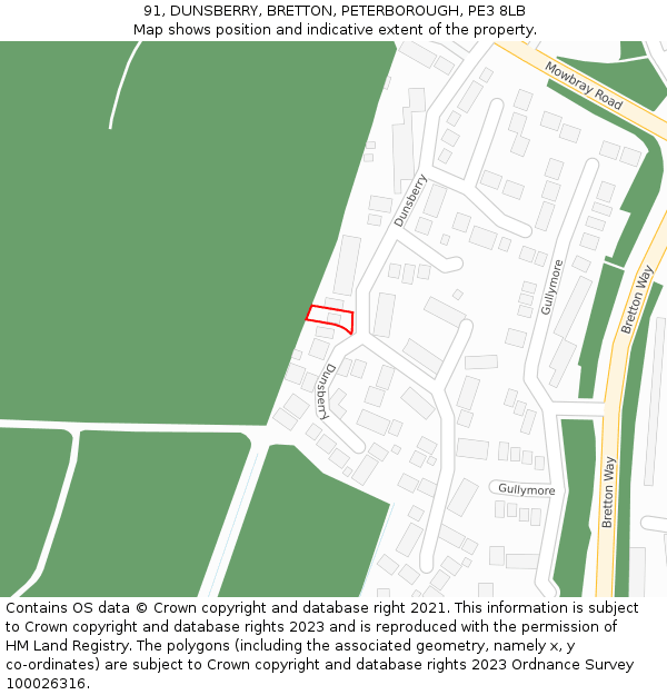 91, DUNSBERRY, BRETTON, PETERBOROUGH, PE3 8LB: Location map and indicative extent of plot