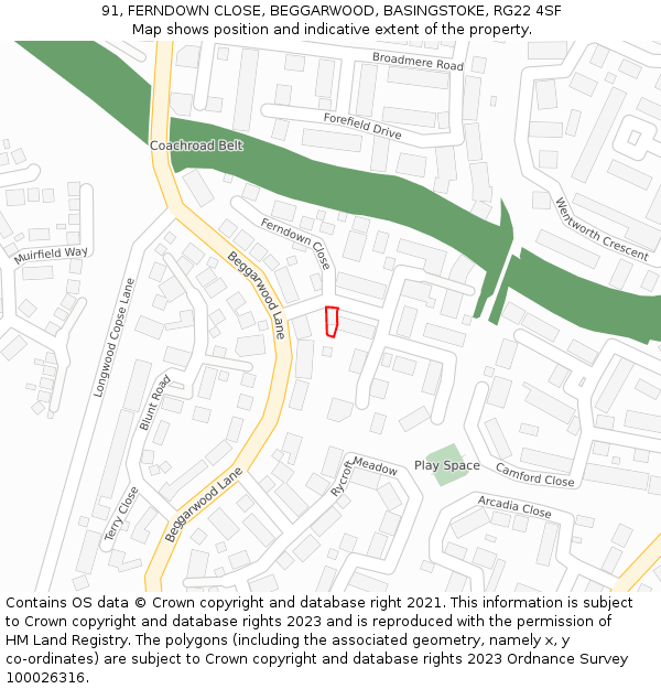 91, FERNDOWN CLOSE, BEGGARWOOD, BASINGSTOKE, RG22 4SF: Location map and indicative extent of plot