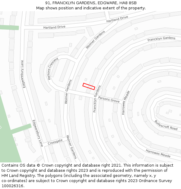 91, FRANCKLYN GARDENS, EDGWARE, HA8 8SB: Location map and indicative extent of plot