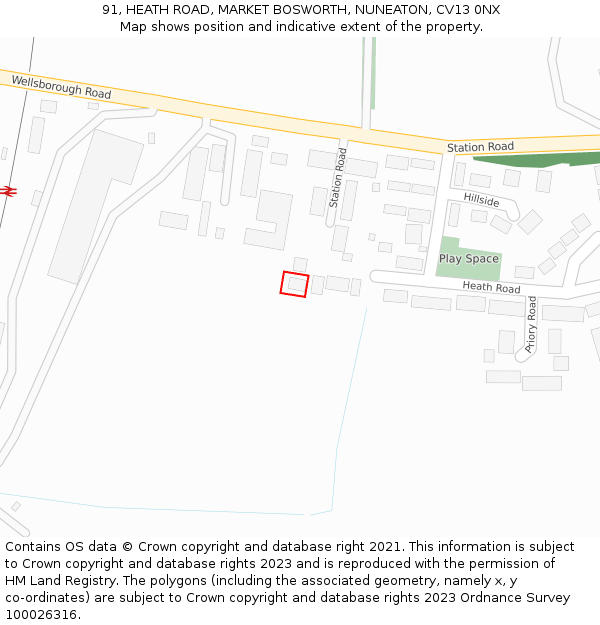 91, HEATH ROAD, MARKET BOSWORTH, NUNEATON, CV13 0NX: Location map and indicative extent of plot