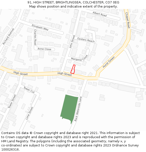 91, HIGH STREET, BRIGHTLINGSEA, COLCHESTER, CO7 0EG: Location map and indicative extent of plot