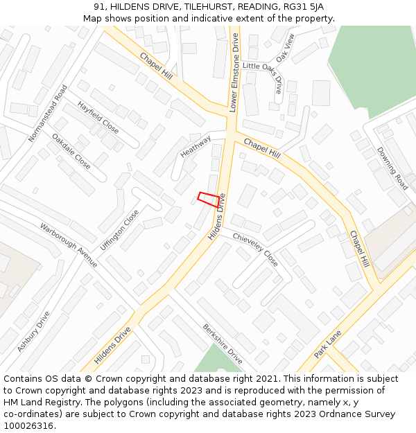 91, HILDENS DRIVE, TILEHURST, READING, RG31 5JA: Location map and indicative extent of plot